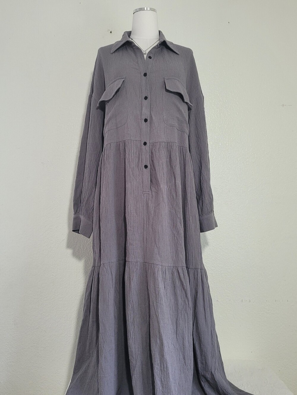 NWT MODESEES Gray Women's Long Sleeve Collared Oversized Maxi Dress Size Large